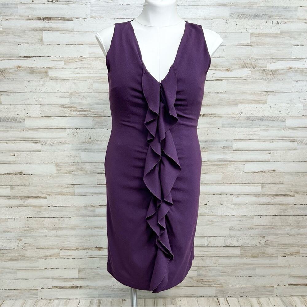 Elie Tahari Ruffle Wool Blend Sheath Dress Size 8 Purple Sleeveless Zip Front